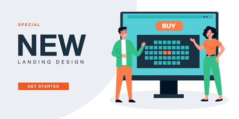 Poster - Customers buying movie tickets online. Booking seats in cinema theater by tiny man and woman flat vector illustration. Digital reservation, order concept for banner, website design or landing web page