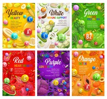 Color Rainbow Diet Posters. Organic Nutrition And Multivitamins. Vector Fruits, Vegetables And Vitamins Of Color Diet. Antioxidant, Detox Or Cancer Prevention, Immune Support, Beauty Benefits