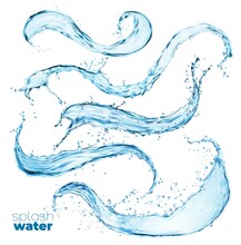 Blue Water Wave Splashes And Flow Shapes With Drops, Vector Isolated Swirls. Realistic Splashing Water Splatters Of Clean Blue Pure Aqua With Pour And Splashing Spill Of Fresh Crystal Drink Droplets