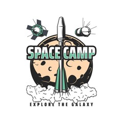 Wall Mural - space camp icon of rocket or spaceship launch with steam and smoke clouds, vector moon planet and or