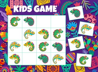 Poster - Sudoku kids game. Cartoon mexican chameleons vector riddle worksheet with cartoon alebrije lizards on board. Educational children task, rebus teaser boardgame puzzle for preschool baby sparetime