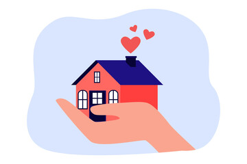 Wall Mural - Hand holding tiny house with red comic hearts. Person selling or buying property flat vector illustration. Real estate, mortgage, investment concept for banner, website design or landing web page