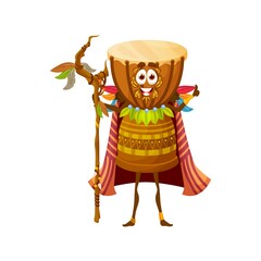 Sticker - Cartoon african drum witch character, isolated vector djembe voodoo shaman wear cape with feathers holding wooden staff. Funny tribal percussion instrument, fairy tale bongo drum musical personage