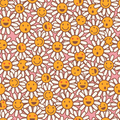 Old school psychedelic background with smile faces in chamomile flowers. Hippie vector seamless pattern. Nostalgia retro 70s groovy print. Colorful textile and surface design