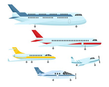 Different Types Of Planes Flat Vector Illustrations Set. Passenger Airplane Or Aeroplane, Jets Or Aircrafts For Airlines, Air Transport Isolated On White Background. Aviation, Transportation Concept