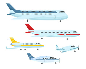 Wall Mural - Different types of planes flat vector illustrations set. Passenger airplane or aeroplane, jets or aircrafts for airlines, air transport isolated on white background. Aviation, transportation concept