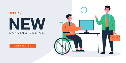 Poster - Office worker in wheelchair at desk greeting colleague. Employee in accessible workplace flat vector illustration. Accessibility, disability concept for banner, website design or landing web page