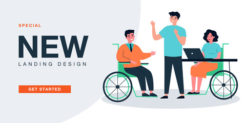 Wall Mural - Accessible workplace with employees in wheelchairs. Office worker in wheelchair talking to colleague flat vector illustration. Accessibility concept for banner, website design or landing web page