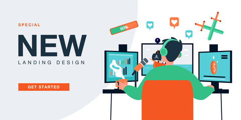 Gamer with headphones playing online battle video game. Teen sitting at computer monitors flat vector illustration. Multiplayer, cyber sports concept for banner, website design or landing web page