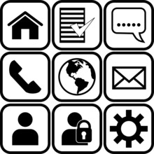 Vector Black And White Icon With Pictures Of Houses, Lists, Checklists, Mosques, Coffee, Telephones, Umbrellas, Shields And Gasoline