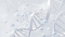 Cosmetic Essence, Liquid Bubble, Molecule Inside Liquid Bubble On DNA Water Splash Background, 3d Rendering