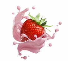 Milk Or Yogurt Splash With Strawberries Isolated On White Background, 3d Rendering.