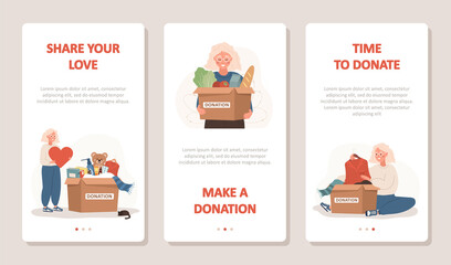 Wall Mural - Donation and charity concept. Elderly volunteers women with boxes full of humanitarian help. Philanthropy. Time to donation. Share your love. Vector cartoon illustration. Set of mobile banners.