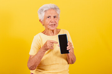 Old lady, holding cell phone, inclusion of the elderly in the digital environment, online, smartphone. Pointing to screen.