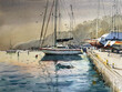 Yacht in the sea painting from nature. Colorful watercolor hand painted lllustration, wallpaper, background with boat sail. Concept for print on wall or canvas, poster