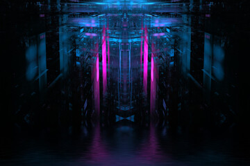 abstract futuristic background bright neon color. glowing elements of the building and background, d