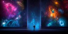 Astronaut Cosmonaut Discovery Of New Worlds Of Galaxies Panorama, Fantasy Portal To Far Universe. Astronaut Space Exploration, Gateway To Another Universe. 3d Render