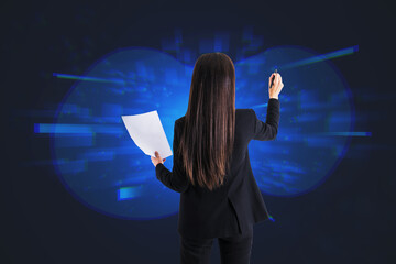 Aufkleber - Back view of attractive young european businesswoman with document in hand using abstract blue metaverse hologram. Digital transformation, technology and future concept.