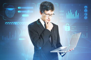 Poster - Portrait of thoughtful european businessman with laptop and face id glowing interface. Access, identification and recognition concept. Double exposure.
