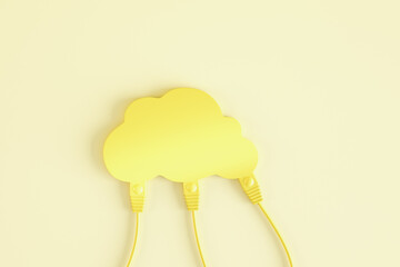 Poster - Creative cables connected to yellow human brain on light background. Neuroscience and brain research concept. 3D Rendering.