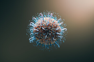 Poster - Microbilology and health risk concept with closeup of abstract realistic light blue and red virus cell on dark backlit background. 3D rendering