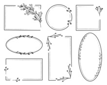 Set Of Geometric Floral Frame, Border With Leaves, Berries, Floral Elements. Template For Photo Frame, Invitation, Greeting Card, Social Media, Blog. Hand Drawn