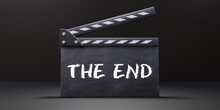 Movie Clapper, THE END Text On Cinema Scene Clapperboard. Filmmaking, Video Production. 3d Render