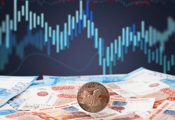 Canvas Print - Ruble coin on the background of the falling graphics, the concept of inflation, the crisis in Russia.