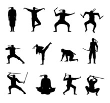 Human Characters Warriors With Weapons Various Pose Silhouettes Design Premium Vector 