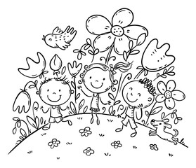 Leinwandbilder - Outline doodle kids on flowering hill