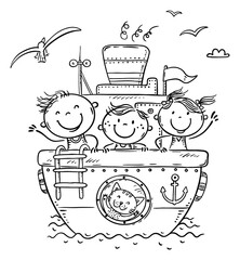 Leinwandbilder - Hand drawn illustration of children sail away on a ship and wave