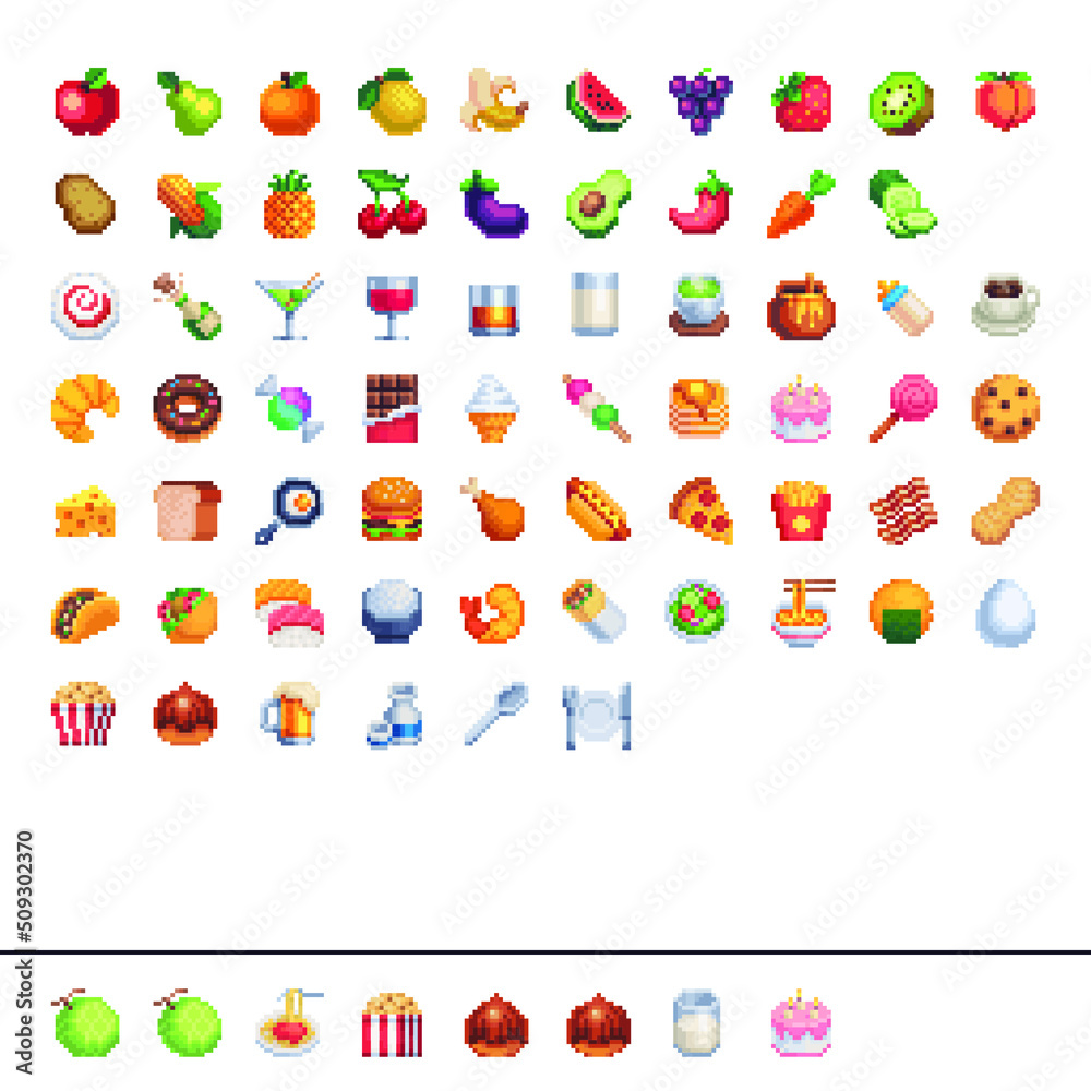Tasty food pixel art icons set isolated vector flat illustration ...
