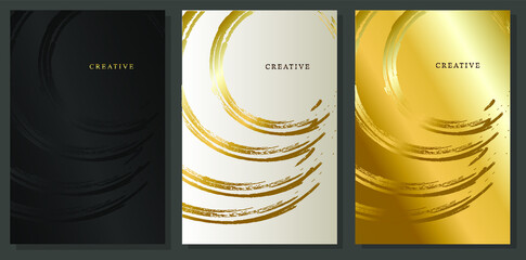 Luxury cover set. Brushed gold on black, platinum and gold background. Elegant brochures with space for logo.