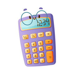 Funny Calculator as School Item with Smiling Face in Glasses as Cartoon Education Supply Vector Illustration