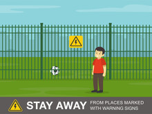 Electrical Safety Rule. Male Kid Stands Next To The Green Fence. Stay Away From Places Marked With Warning Signs. Flat Vector Illustration Template.