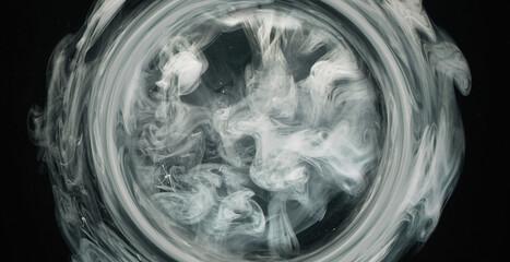 Ink water explosion. Fluid splash in circle. Logo reveal layer. White grey color smoke round cloud motion on dark black abstract art background shot on Red Cinema camera 6k.