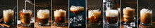Collage With Tasty White Russian Cocktail On Dark Background