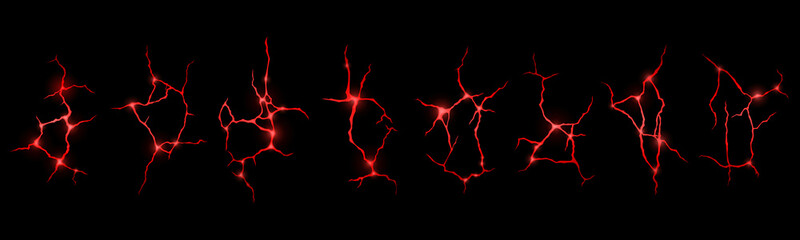 Poster - Ground cracks with red glow of fire or magma inside. Vector realistic set of lightning, electric impacts or cracks with magic light in land in top view isolated on black background