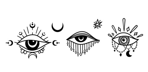 Sticker - Evil eye and moons isolated clip art set, celestial the third eye esoteric symbols, mystical hand drawn eye of providensce, silhouette magic protecting amulet, black and white vector image set