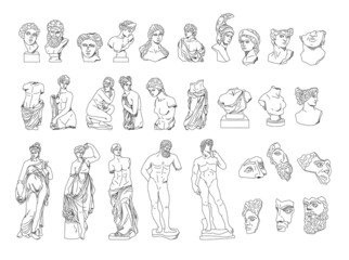 ancient greek aesthetics, greece statues of a goddess and a nymph, vector black white outline antiqu