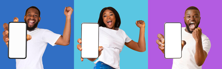 Poster - Young black people showing cell phones with empty screens, gesturing