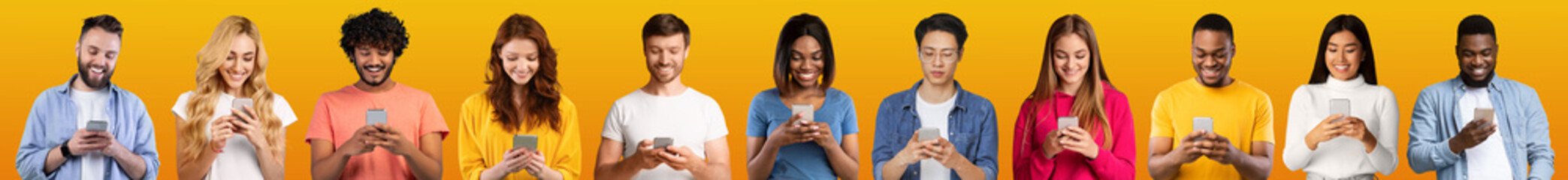 Poster - Social Media Addiction. Diverse Multicultural People Using Smartphones Over Yellow Background