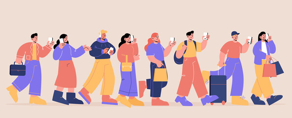 Wall Mural - People walk and use mobile phone. Vector flat illustration of men and women characters with bags, suitcase and briefcase hold smartphones, talk and looking on screen