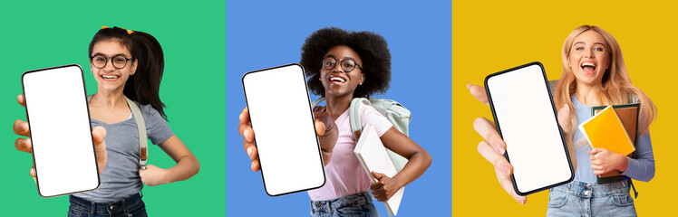 happy multiethnic students recommending nice mobile app for education