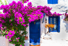 Charming Typical Floral Streets Of Greek Islands With Whitewashed Houses And Blue Doors
