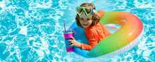 Kid In Swimming Pool, Relax Swim On Inflatable Ring And Has Fun In Water On. Summer Kids Cocktail Party. Banner For Design Header, Copy Space.