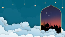 Islamic Card With Silhouette Dome Mosques,Crescent Moon, Orange Sky,Vector Cloudscape Layer 3D Paper Cut,Sky Background Banner For Islamic Religion,Eid Al-Adha, Eid Mubarak,Eid Al Fitr,Ramadan Kareem