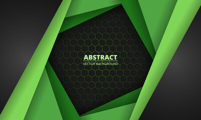Aufkleber - Dark gray and green carbon fiber honeycomb background with geometric green paper shapes. Modern futuristic hexagon abstract background. Vector illustration.
