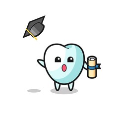 Illustration of tooth cartoon throwing the hat at graduation