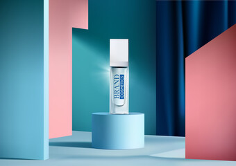 beauty products ad on stage with blue podium . abstract background and blue curtain . vector illustr